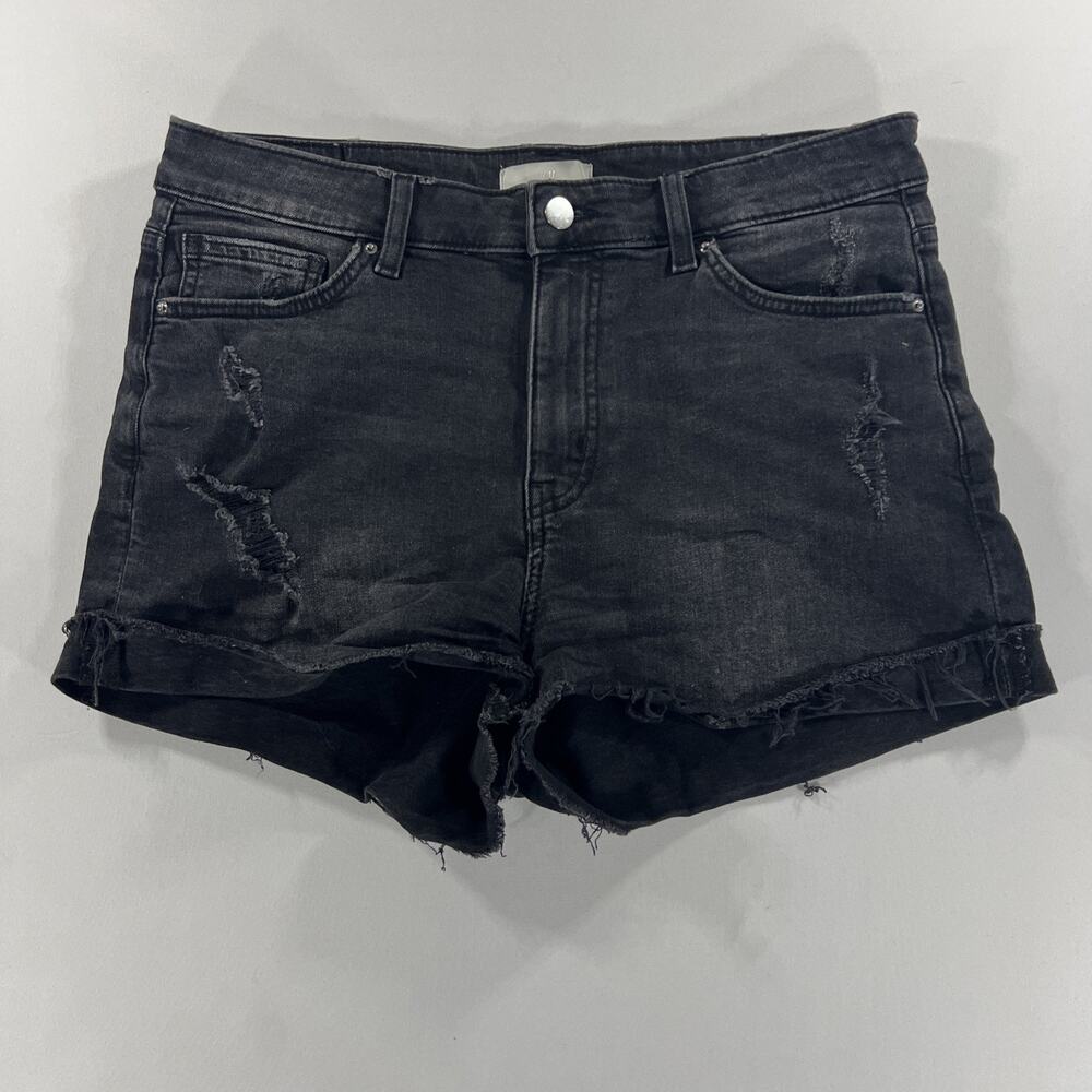 H&M Women’s Dark Wash Black Denim Cut Off Shorts Size 10 Mid Rise
